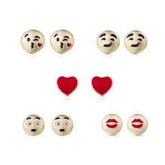 Set of five diverse emoji earring studs with heart and funny expression designs