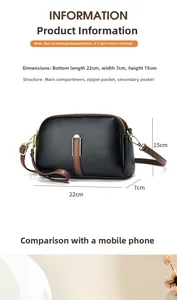 Detailed dimensions of the black pebbled leather crossbody bag with 22x7x15cm size markers