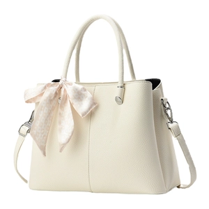 Chic beige lychee grain shoulder bag for women with pink checkered silk scarf detail