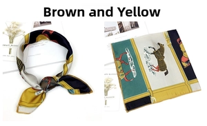 Detail of pony pattern silk scarf in brown and yellow with styled knot and flat layout