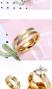 Macro detail of gold-plated titanium steel wave ring with cubic zirconia inlay