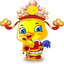 Close-up of cute yellow cartoon chick ruler with traditional red outfit and lucky charm