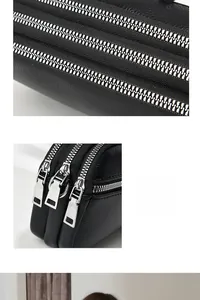 Detail of three sturdy silver zippers on black lychee grain leather crossbody mini bag
