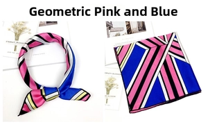 Detail of pink and blue geometric pattern silk square scarf tied and flat display