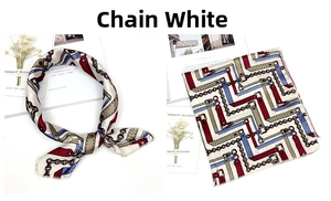 Detail view of Chain White square silk scarf with vintage gold and red chain patterns