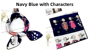 Detailed view of navy satin square scarf with cute cartoon girl and polka dot patterns