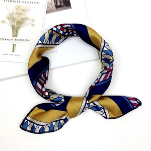 Navy and yellow geometric silk-feel square scarf with floral decor on white background