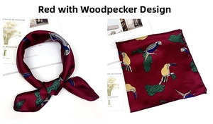 Detail of red silk scarf with toucan print shown knotted and flat on white background