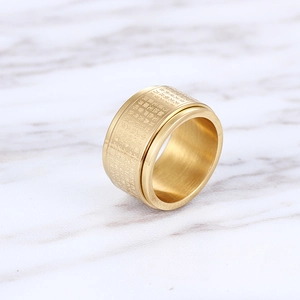 Rotatable gold stainless steel spinner ring with engraved Buddhist Heart Sutra scriptures