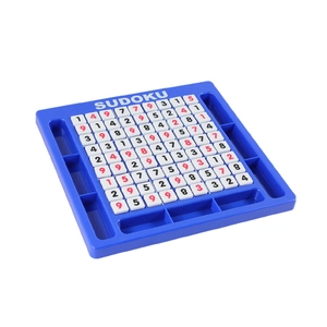 Classic Sudoku puzzle board set with blue base and red black numbered tiles for logic training