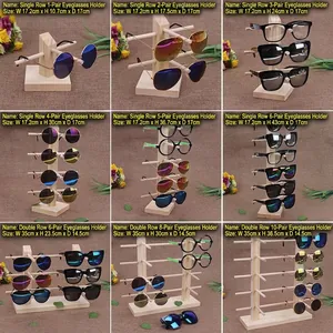 Solid wood eyeglasses display stand with multiple tiers and dimensions shown