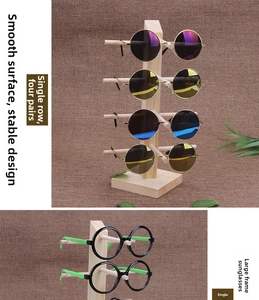 Close-up of a 4-tier wooden sunglasses display stand with round frame glasses