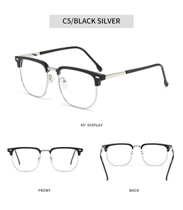 Three-angle display of semi-rimless black and silver metal anti-blue light glasses frames