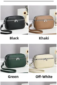 Detail showing mini crossbody bags in black, khaki, green, and beige with triple zipper layout