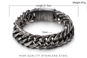 Détail d'un bracelet gourmette en acier inoxydable de 15 mm avec dimensions et poids