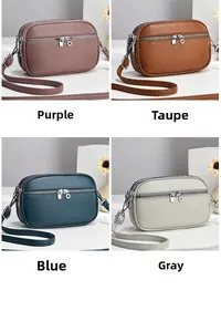 Detail view of multi-layer zipper small bags in purple, yellow, blue, and grey