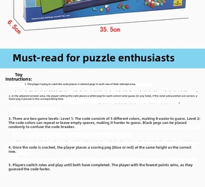 Detail view of logical board game packaging with 35.5cm size and game rule manual