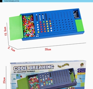 Detailed view of the Code Breaking puzzle game with dimensions and colorful peg components