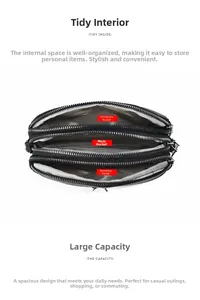 Detail view of the black multi-compartment bag with three silver metal zippers