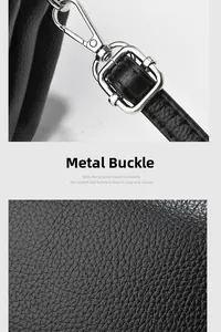 Detail of durable silver metal buckle and adjustable lychee grain leather strap