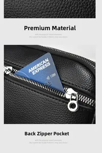 Macro shot of black lychee grain leather and rear zipper pocket with a credit card slot