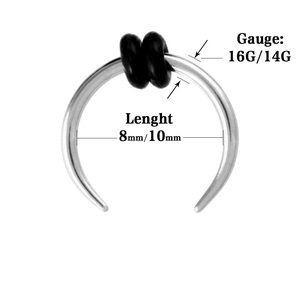 Classic stainless steel 16G/14G C-shaped horseshoe nose ring with black rubber o-rings