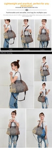 Detailed views of a large canvas tote bag with world map print and leather straps