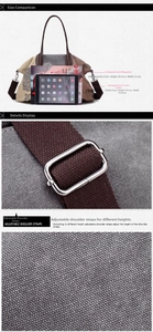 Canvas tote bag size guide showing A4 magazine fit and metal buckle details