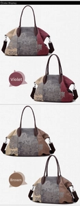 Contrast color canvas tote bag featuring 2060 print with leather handles and straps