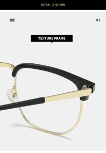 Detail show of semi-rimless textured metal frame with sleek black and gold finish