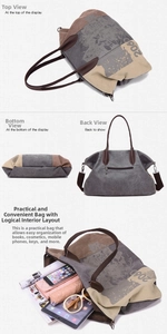 Detailed view of the large capacity canvas tote bag showing interior storage and rear pocket
