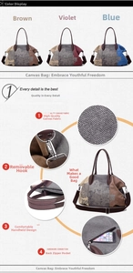Detail view of large canvas tote bag showing detachable metal hooks and multi-color options