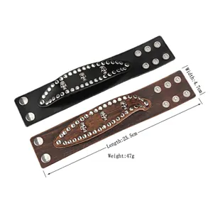 Men's double-layer wide leather skull bracelet with metal studs and snap closure