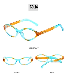 Three-view display of narrow oval sunglasses in orange and blue gradient finish