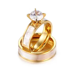 Titanium Steel Ring For Couples With Cubic Zirconia And Mother Of Artificial Pearl Inlay Simple Elegant Jewelry