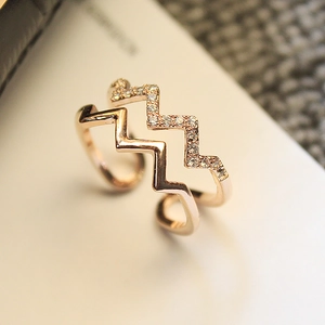 Detail of rose gold double wave ring featuring micro-pave white zircon crystals