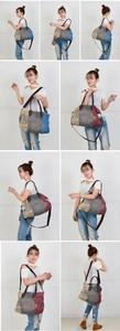 Collage of model poses showing blue and beige canvas tote bag from multiple angles