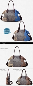 Detail view of canvas handbag with leather handles and 2060 print in lake blue finish