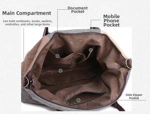 Detailed interior of a canvas tote bag showing the main pocket and functional compartments