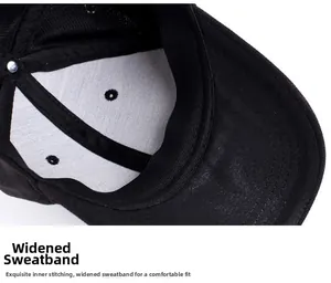 Detail view of the black baseball cap showing the widened sweatband and precision stitching