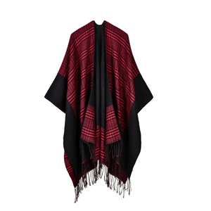 Red and black checkered shawl wrap with fringe tassels, elegant winter poncho for women