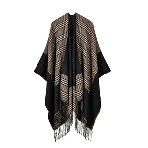 Beige and black jacquard checkered shawl poncho with decorative tassel fringe edges