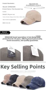 Detailed view of adjustable cotton baseball cap showing colors and precise sizing details