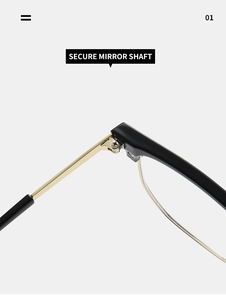 Close-up of secure mirror shaft and reinforced metal hinge on black gold half-frame glasses