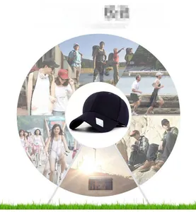 Close-up of black elastic baseball cap fabric with six-panel design for outdoor sports