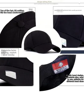 Detail view of black polyester baseball cap showing elastic fit and premium stitching