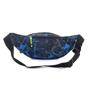 Waterproof 400D Oxford cloth sports waist bag with blue camo print and green pull cord