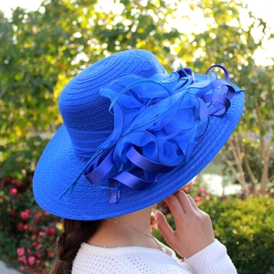 Elegant royal blue organza sun hat with large brim and floral feather decorations