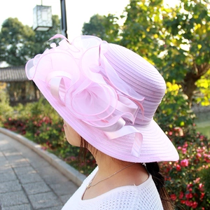 Elegant pink organza sun hat with oversized 3D flower detail and wide brim for women