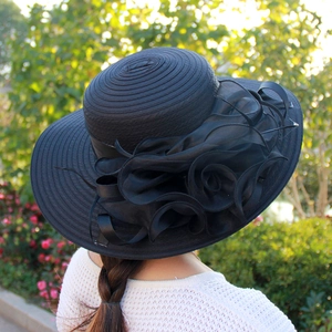 Elegant black organza sun hat with large floral detail and wide brim for women